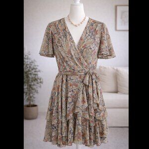 Lauren Ralph Lauren Georgette Tiered A Line Dress Size 16 Brown Tan Lined